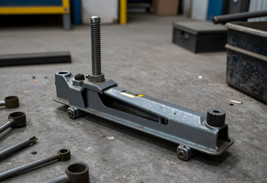 Industrial maintenance and mechanical engineering, heavy duty screw jack tool for lifting and precision alignment in a professional workshop environment