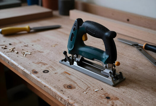 Home improvement and diy renovation, electric jigsaw tool on a wooden workbench with carpentry equipment for woodworking projects and furniture repair