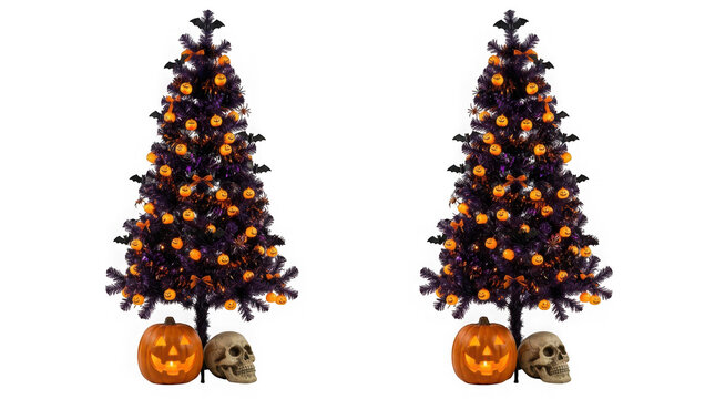 Halloween trees decorated with pumpkins, bats, and skulls, isolated on transparent background