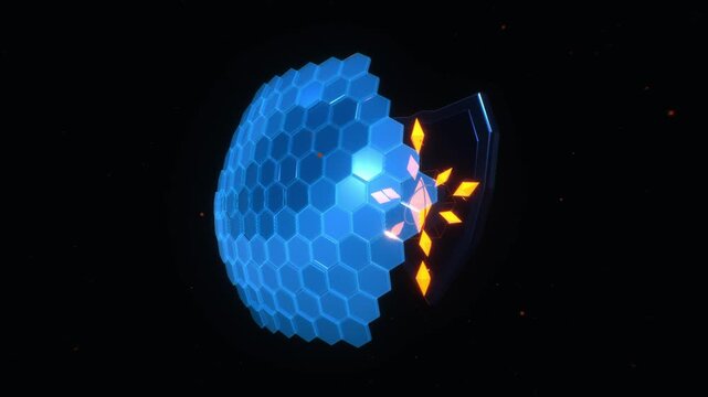 Shield wall with glowing blue and orange hexagonal force field elements shows a dynamic energy impact in 3D animation