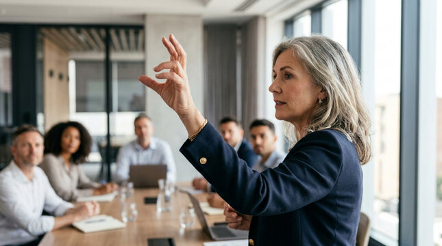 Confident businesswoman leading team in modern office meeting