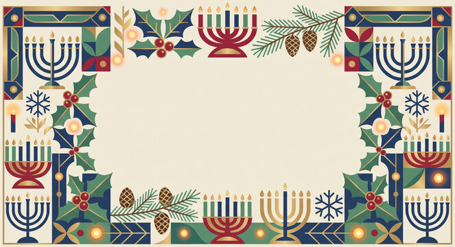 Interfaith winter holiday vector frame with menorah, holly and pine branches, art deco geometric border for Hanukkah and Christmas