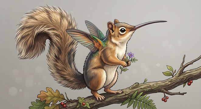 Squirrel Hummingbird Hybrid Fantasy Animal Illustration
