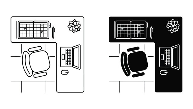 Office desk workspace top view layout icon set with workspace, computer