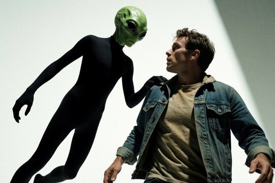 Green alien in black suit touches startled man wearing denim jacket. Strange encounter, possible extraterrestrial contact. Futuristic interaction with human. Sci fi theme.