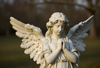 Fototapeta premium Grief and mourning concept, stone angel statue with praying hands in a cemetery, peaceful memorial for loss and remembrance in a quiet garden setting