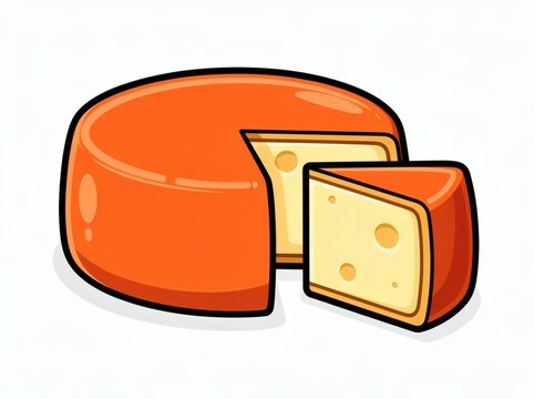Cheddar cheese wheel with a single slice removed displays a classic orange appearance suitable for grocery store packaging design and dairy industry promotional branding.