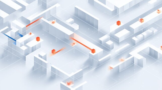 Isometric 3D architectural grid plan and white maze city layout with glowing orange data beams for digital smart city concept