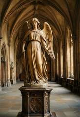 Fototapeta premium Spirituality and religion concept, stone angel statue in a gothic cathedral corridor with vaulted ceilings and historic architecture for faith themes