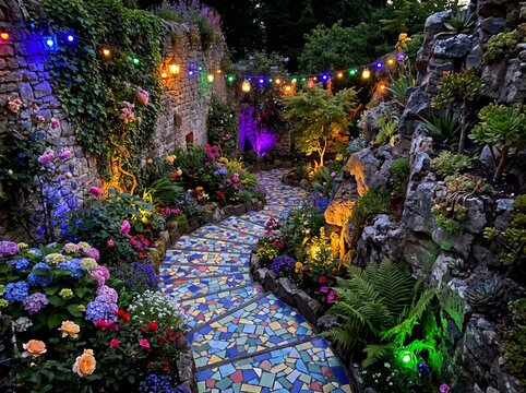 An intricate spiral mosaic tile path glowing under fairy lights in an enchanted dusk garden courtyard setting.