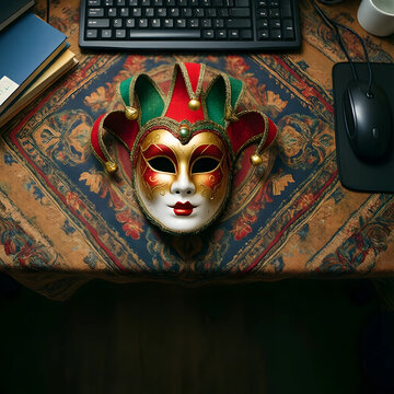 Deception and workplace dishonesty, venetian jester mask on office desk with computer keyboard and mouse hidden agendas and corporate fraud
