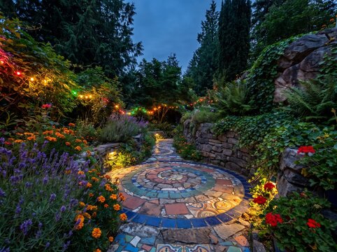 An intricate spiral mosaic tile path glowing under fairy lights in an enchanted dusk garden courtyard setting.