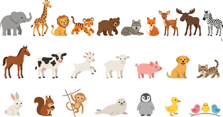 Obraz premium Collection of Diverse Farm and Wild Animals with Simple Background Vector Illustration