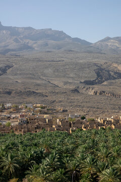 Elevated hazy view of the mudbrick village of Misfat al Abriyyin surrounded by a dense date palm oasis beneath arid mountains, Ad Dakhiliyah Region, Misfat al Abriyyin, Oman