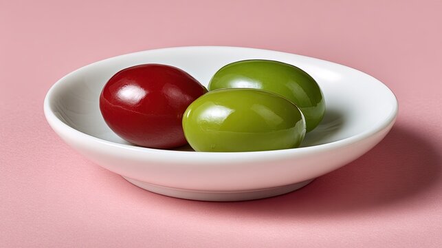 White ceramic bowl holding one red olive and two shiny green olives on a pink background