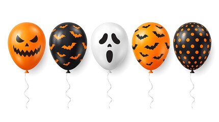 Fototapeta premium Five spooky Halloween balloons featuring pumpkin faces bats ghostly patterns and vibrant orange and black colors