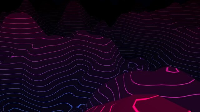 Glowing neon topographic contour lines trace the elevation of a stylized 3D digital terrain. Concept of geographic data visualization, LiDAR mapping, elevation modeling, and scientific data analysis a