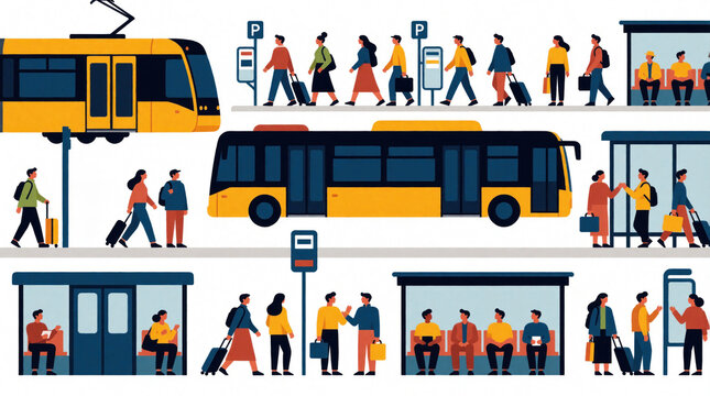 Flat illustration of urban public transport system. People use bus, tram, subway, train for daily commute. Passengers wait at stations, carry luggage, walk near stops, travel around city. Diverse