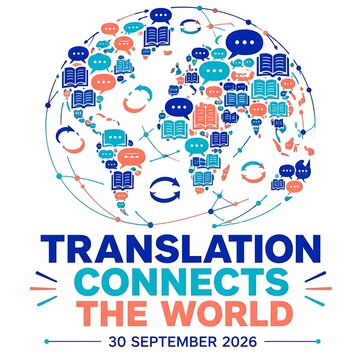 Translation connects the world concept, global communication map with speech bubbles and books, international language day illustration