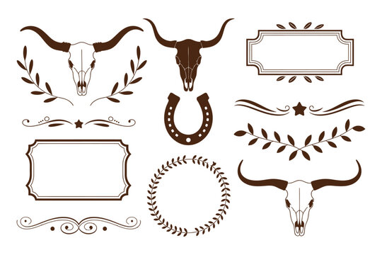 vintage western scrollwork vector set featuring ornate dividers, decorative flourishes, longhorn skull and horseshoe ornaments for rustic branding, cowboy themes, rodeo projects, invitations, apparel 