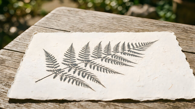 Black ink fern leaf print on a piece of textured handmade paper resting on a rustic wooden outdoor table