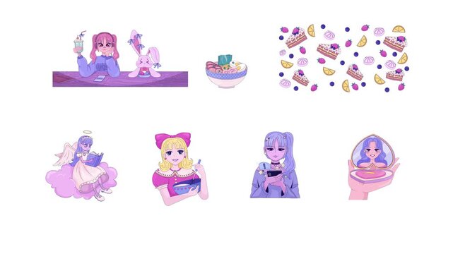 Kawaii anime girls with dessert motif cartoon animation pack. Steaming ramen bowl. Chibi angel reading. Cute animated characters, objects cartoon flat collection 4K video isolated on transparent