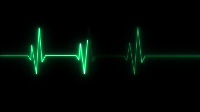 Glowing green ekg heartbeat monitor loop, medical heart rate pulse line animation