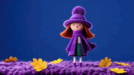 Kleines Mädchen in violetter Strickkleidung mit großem Regenschirm im herbstlichen Regen, umgeben von buntem Laub und weichen textilen Strukturen. © shokokoart