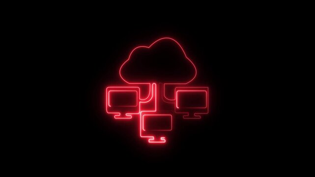 Red neon cloud computing network animation on black background, technology glowing