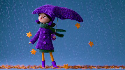 Kleines Mädchen in violetter Strickkleidung mit großem Regenschirm im herbstlichen Regen, umgeben von buntem Laub und weichen textilen Strukturen. © shokokoart