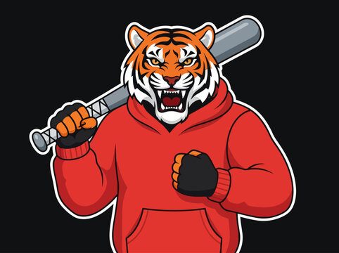 Angry Tiger Mascot Character in Red Hoodie Holding Baseball Bat