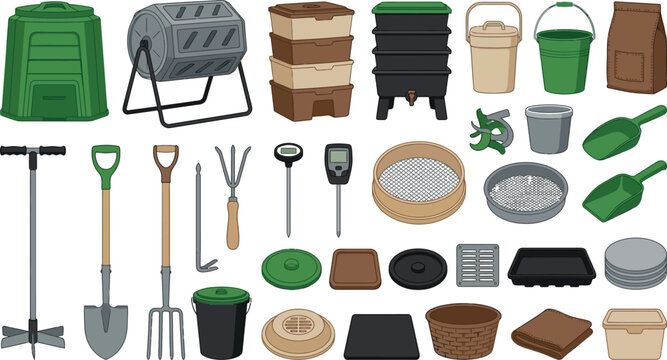 Composting equipment set in clean flat vector illustration with organic gardening concept