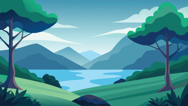 Serene lake landscape with rolling hills and stylized trees during daytime vector illustration