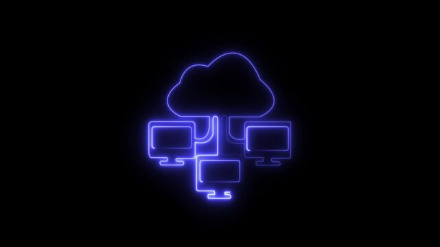 Neon cloud computing network animation: digital data sync and connectivity concept technology glowing