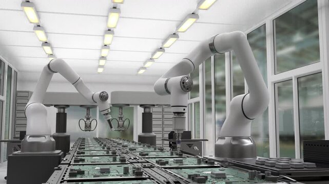 Concept future. High Precision Robot Arms at Bright Electronics Factory. Fully Automated Modern PCB Assembly Line. Component Installation on Circuit Board.