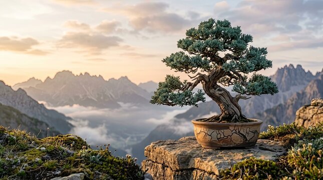 Bonsai tree on mountain peak at sunset