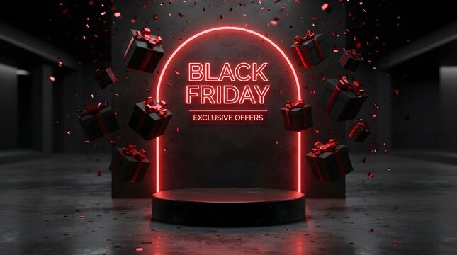 Black friday promotional background with a dark marble podium, red neon arch, and floating gift boxes with falling confetti in a 3d rendered studio setting