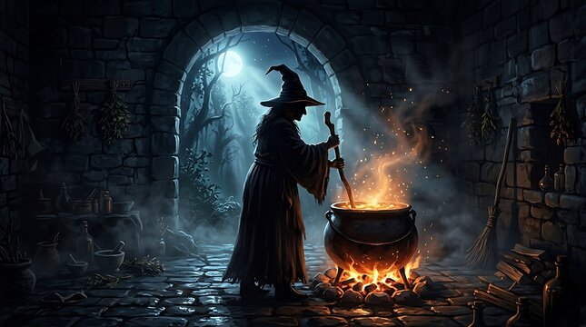 Wicked witch brewing magical potion inside dark stone dungeon illuminated by soft glowing moonlight and fire