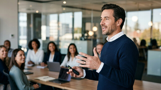 Confident Speaker Addresses Diverse Audience in Modern Office Meeting