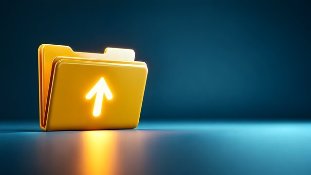 Digital upload folder concept with yellow 3d directory icon and glowing up arrow for data synchronization and cloud backup