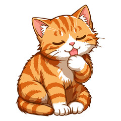 Cute Orange Cat Cartoon Character with Closed Eyes and Raised Paw © Wahyu