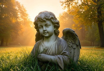 Fototapeta premium Spirituality and peace concept, stone angel statue in a serene park at sunset with golden light rays, memorial and remembrance in a quiet garden