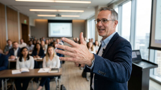 Confident Speaker Addressing Business Audience in Modern Conference Room