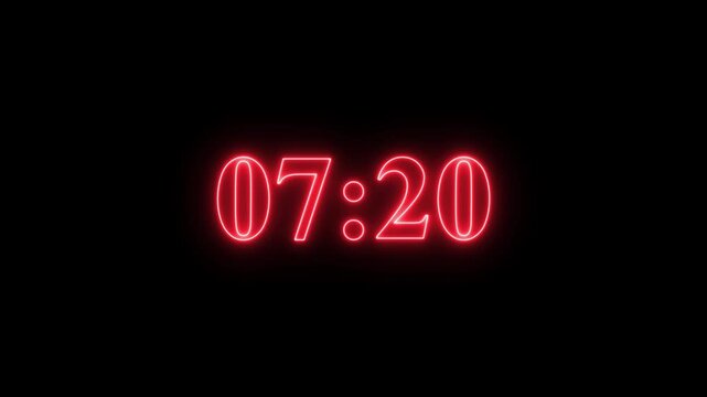 Red neon digital countdown timer clock display for broadcast and motion