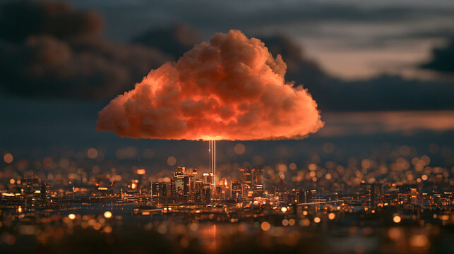 Futuristic cloud computing infrastructure glowing above urban city at night