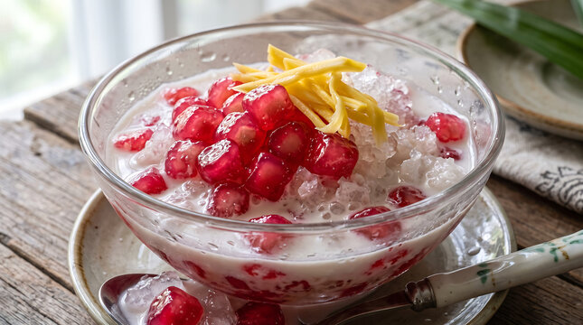 Hyper Realistic 9K Close Up Thai Tub Tim Krob Red Ruby Water Chestnuts in Coconut Milk Dessert Food Photography
