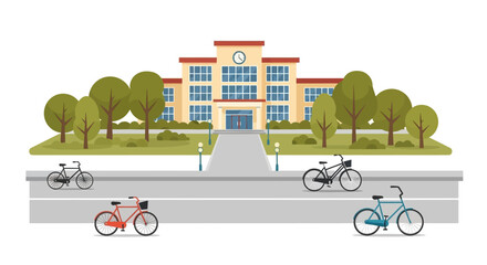 Obraz premium Illustration of a modern school building with bicycles and trees