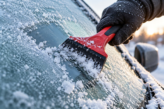 Scraping Ice from a Car Windshield on a Cold Winter Morning