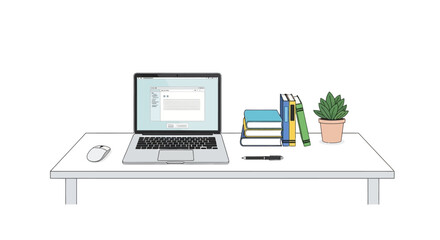 Fototapeta premium Minimalist workspace with laptop, books, and plant on white desk