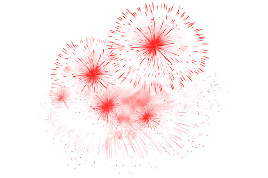 Red fireworks explosion on white background, festive pyrotechnic display illustration, vibrant red firework bursts for celebration events